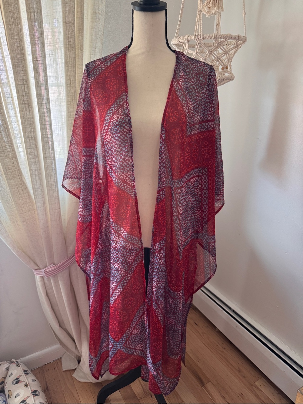 Red Patterned Sheer Kimono Cover-Up